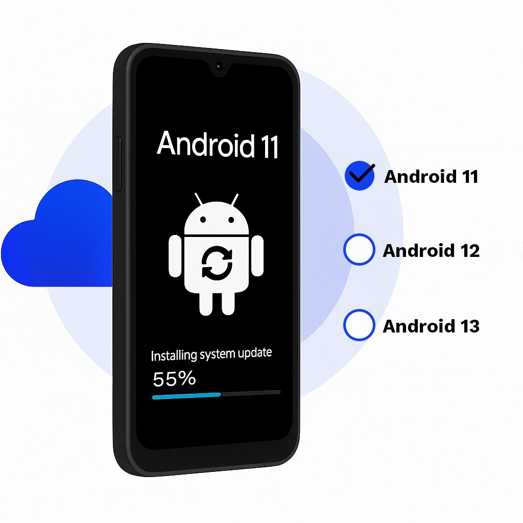 Handheld device updating to Android 11 via OTA, with Android 11 selected over Android 12 and 13.